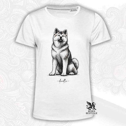 T-shirt bianca con stampa Akita in stile doodle e logo "ROBA BESTIALE" sul fondo