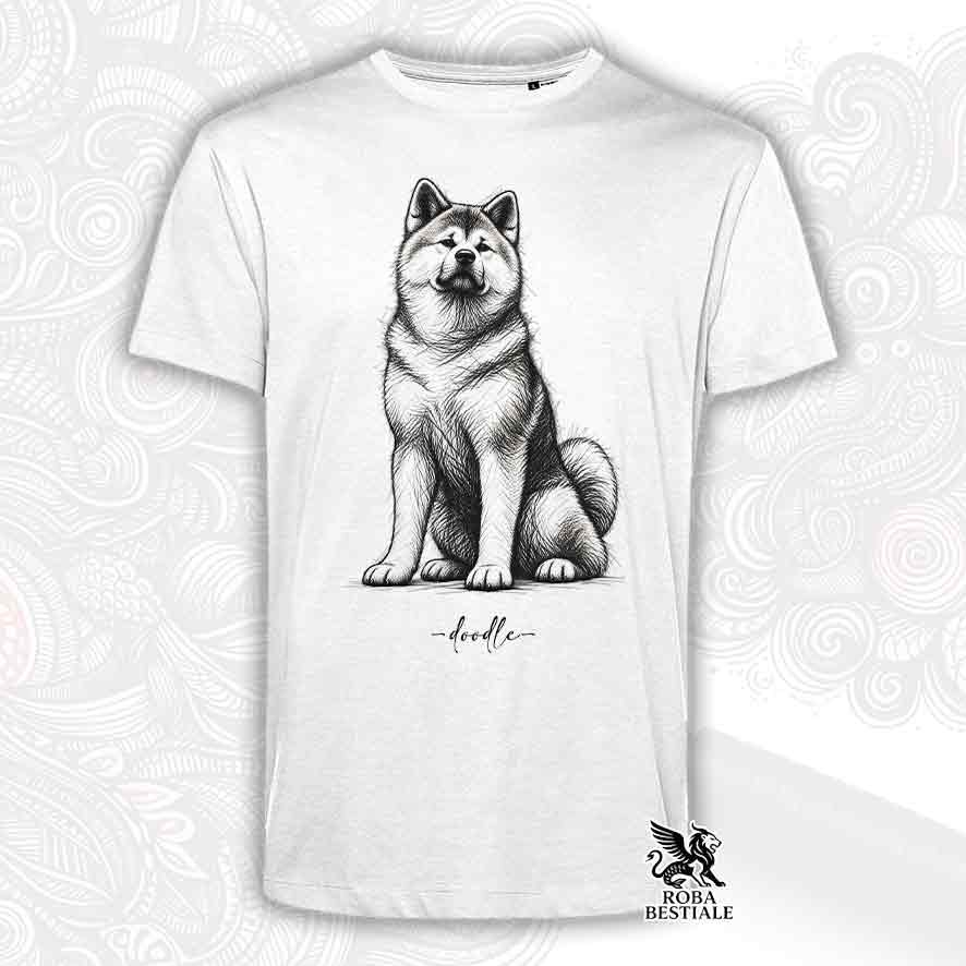 T-shirt bianca con stampa di Akita seduto e scritta "doodle", logo "ROBA BESTIALE"