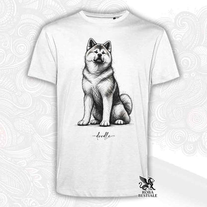 T-shirt bianca con stampa di Akita seduto e scritta "doodle", logo "ROBA BESTIALE"