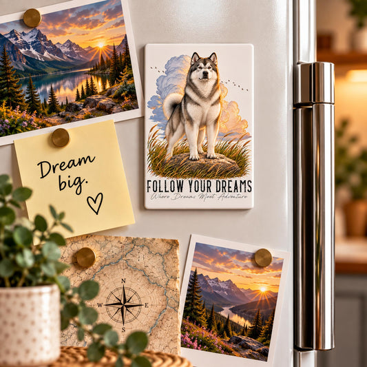 Aimant QUOTES "DREAM" - ALASKAN MALAMUTE Gris - en MDF, 7x5 cm
