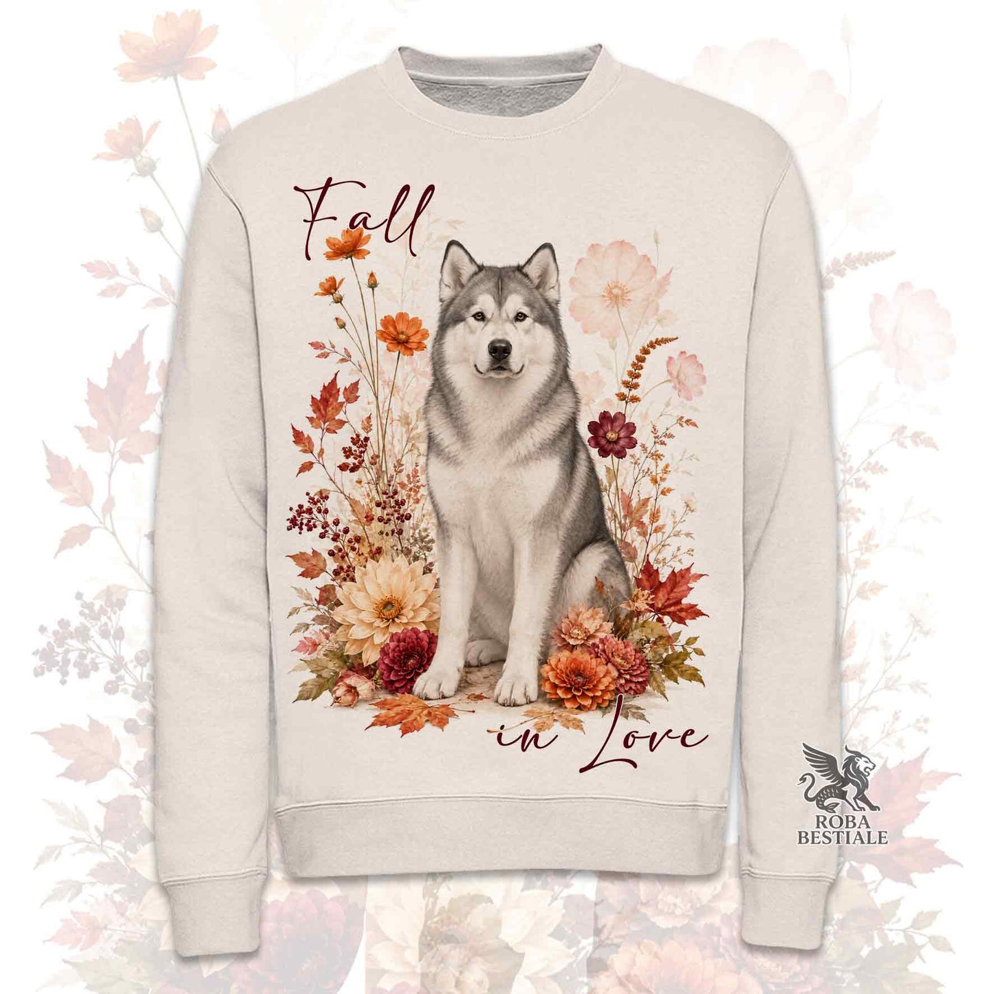 Felpa girocollo beige stampata con un Alaskan Malamute seduto in mezzo a fiori e foglie autunnali. Grafica originale Roba Bestiale, collezione Fall in Love