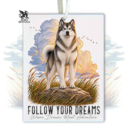 Car Air Freshener QUOTES "DREAM" - ALASKAN MALAMUTE Grey - Felt, with string - 7.5 x 10 cm
