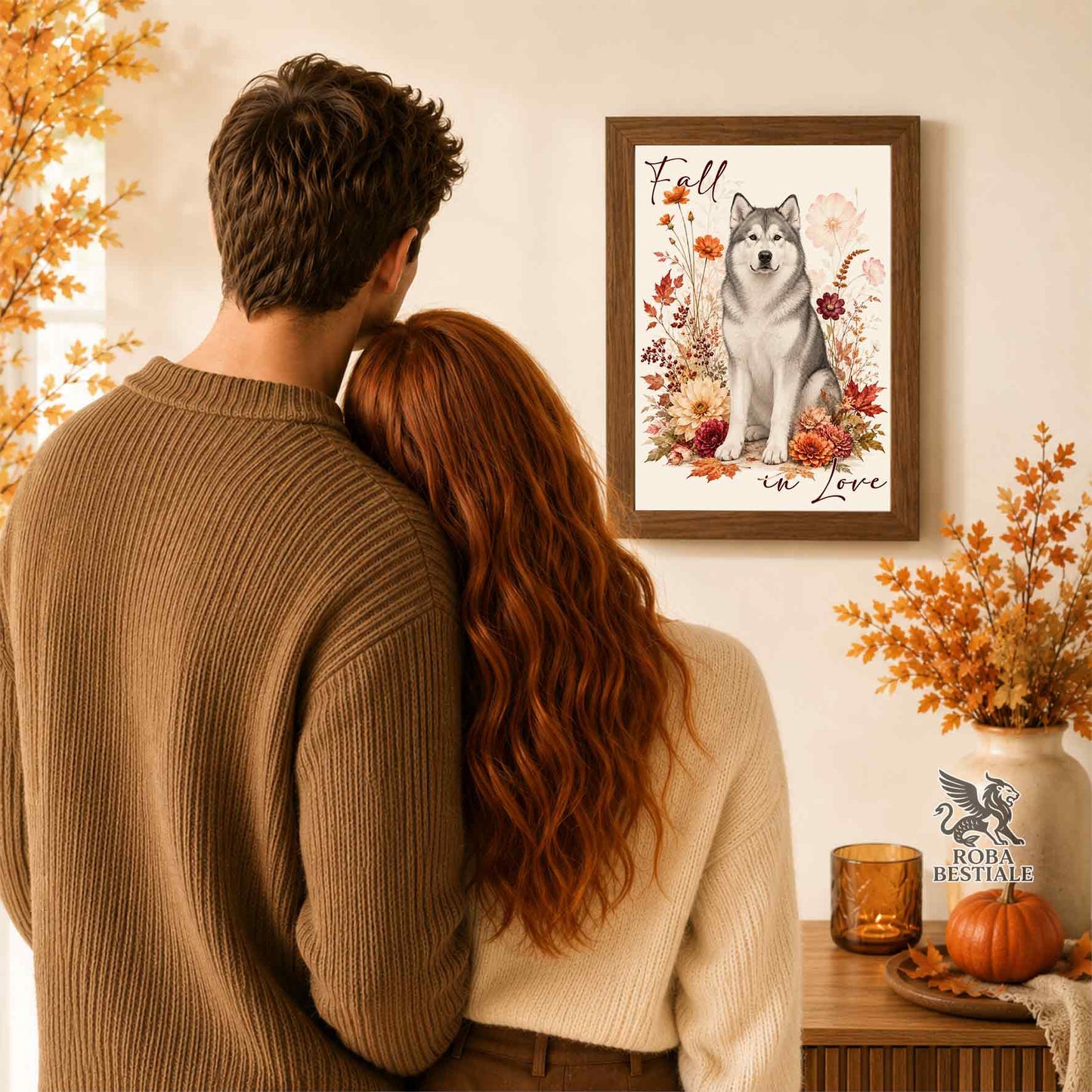 Quadretto con la stampa A4 di un Alaskan Malamute seduto in mezzo a fiori e foglie autunnali. Grafica originale Roba Bestiale, collezione Fall in Love