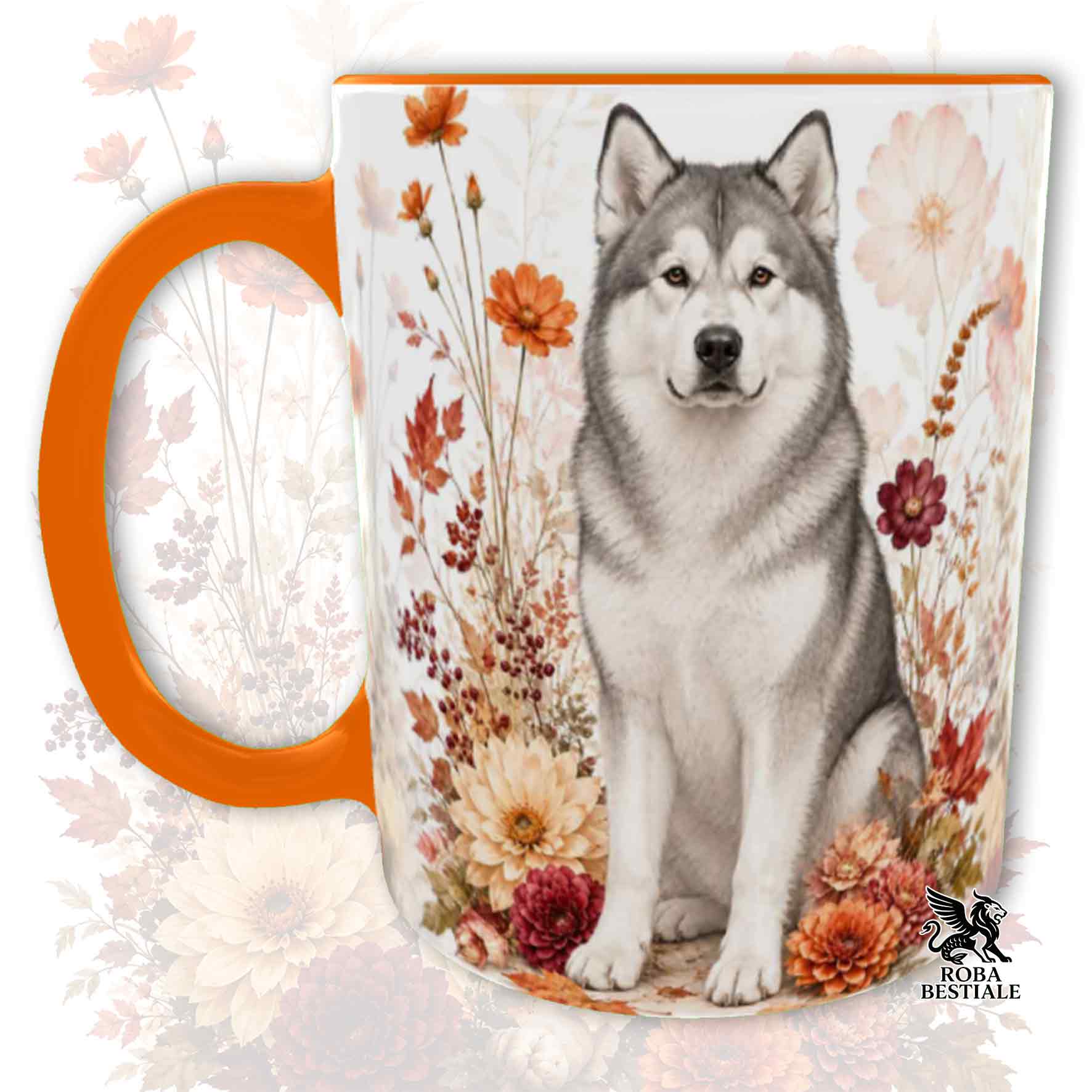 Tazza con la stampa di un Alaskan Malamute seduto in mezzo a fiori e foglie autunnali. Grafica originale Roba Bestiale, collezione Fall in Love