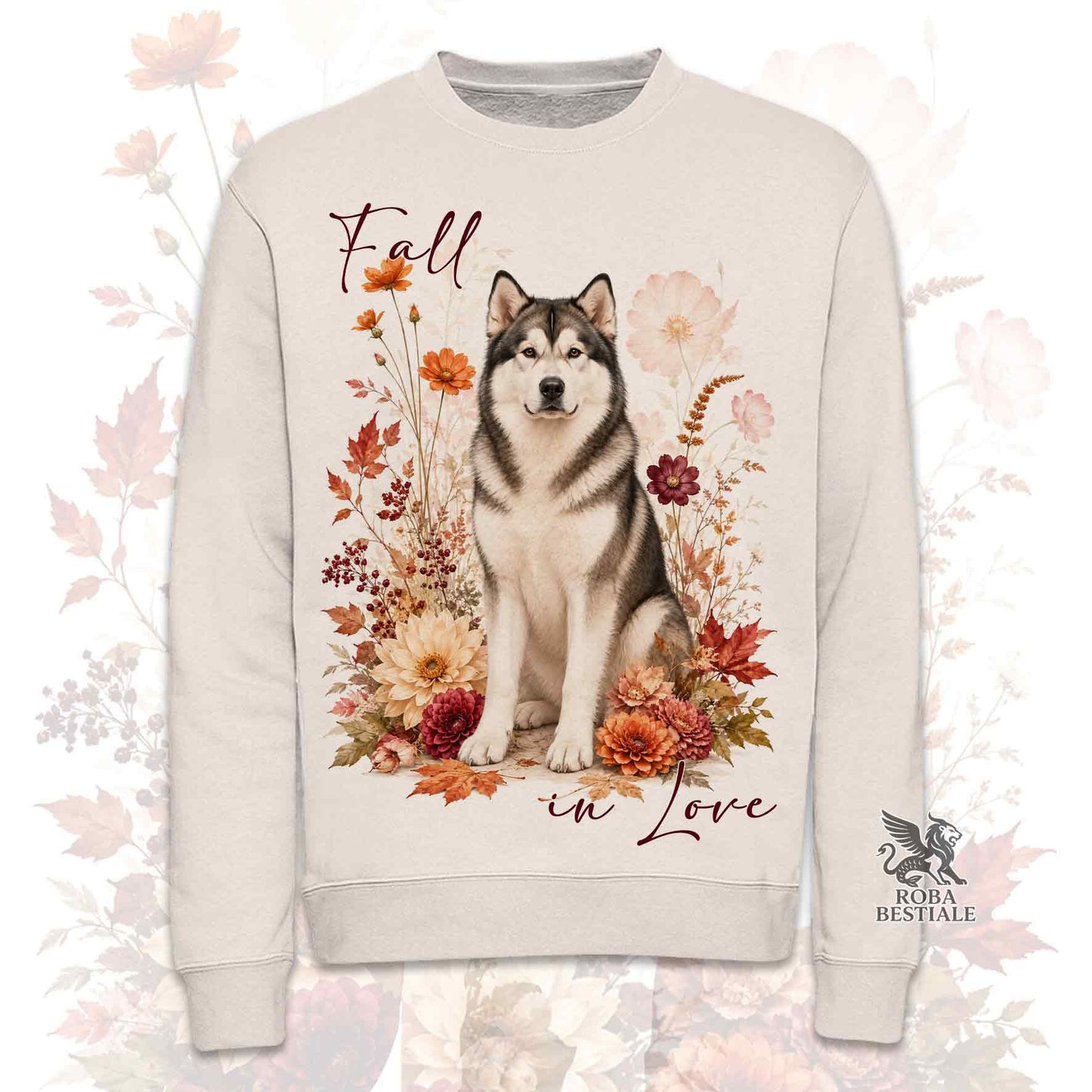 Felpa girocollo beige stampata con un Alaskan Malamute seduto in mezzo a fiori e foglie autunnali. Grafica originale Roba Bestiale, collezione Fall in Love