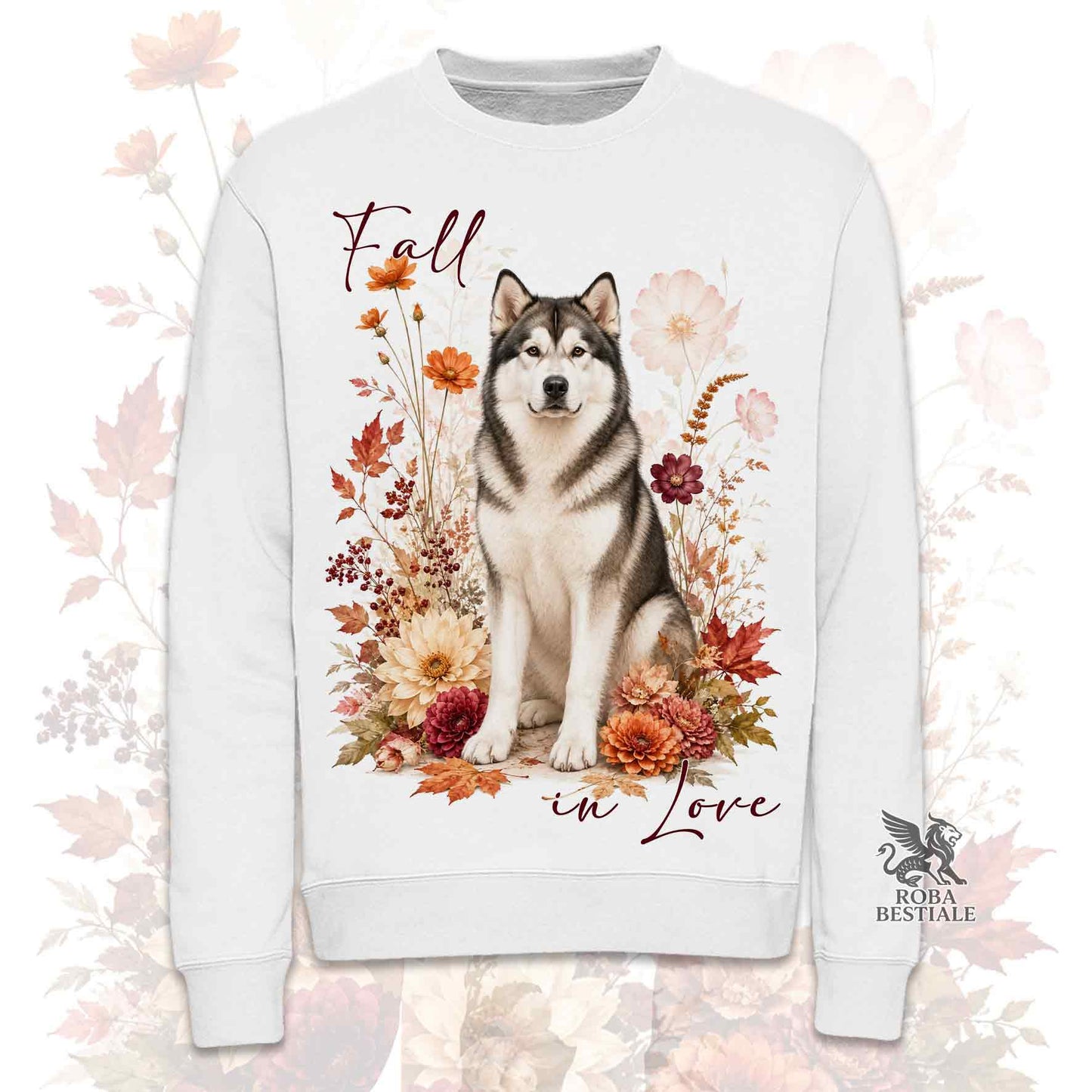 Felpa girocollo bianca stampata con un Alaskan Malamute seduto in mezzo a fiori e foglie autunnali. Grafica originale Roba Bestiale, collezione Fall in Love