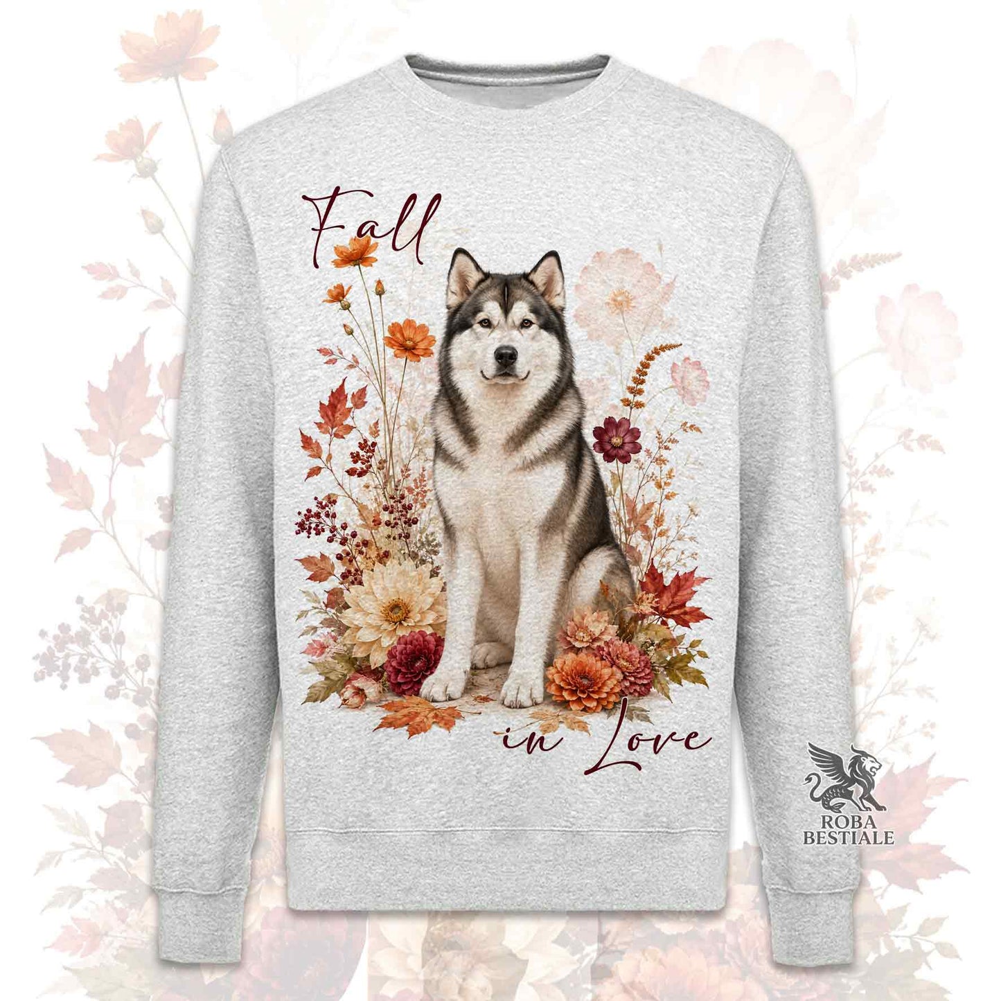 Felpa girocollo grigia stampata con un Alaskan Malamute seduto in mezzo a fiori e foglie autunnali. Grafica originale Roba Bestiale, collezione Fall in Love