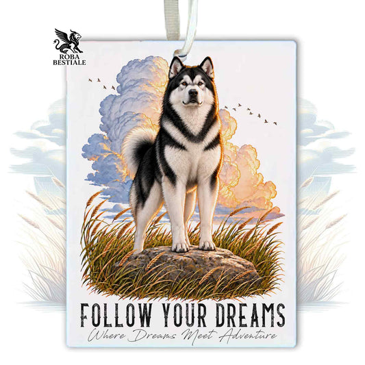 Car Air Freshener QUOTES "DREAM" - Black ALASKAN MALAMUTE - Felt, with cord - 7.5 x 10 cm