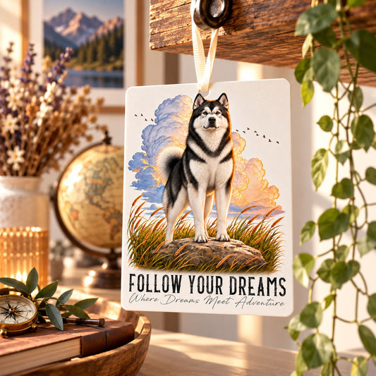 Car Air Freshener QUOTES "DREAM" - Black ALASKAN MALAMUTE - Felt, with cord - 7.5 x 10 cm