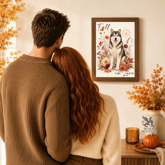 Quadretto con la stampa A4 di un Alaskan Malamute seduto in mezzo a fiori e foglie autunnali. Grafica originale Roba Bestiale, collezione Fall in Love