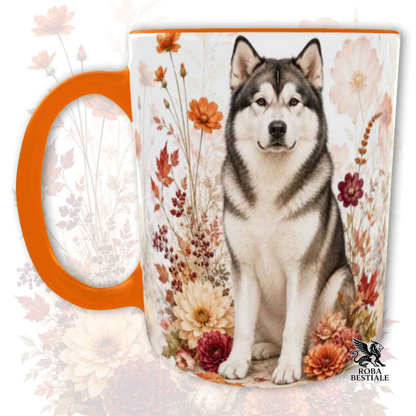 Tazza con la stampa di un Alaskan Malamute seduto in mezzo a fiori e foglie autunnali. Grafica originale Roba Bestiale, collezione Fall in Love