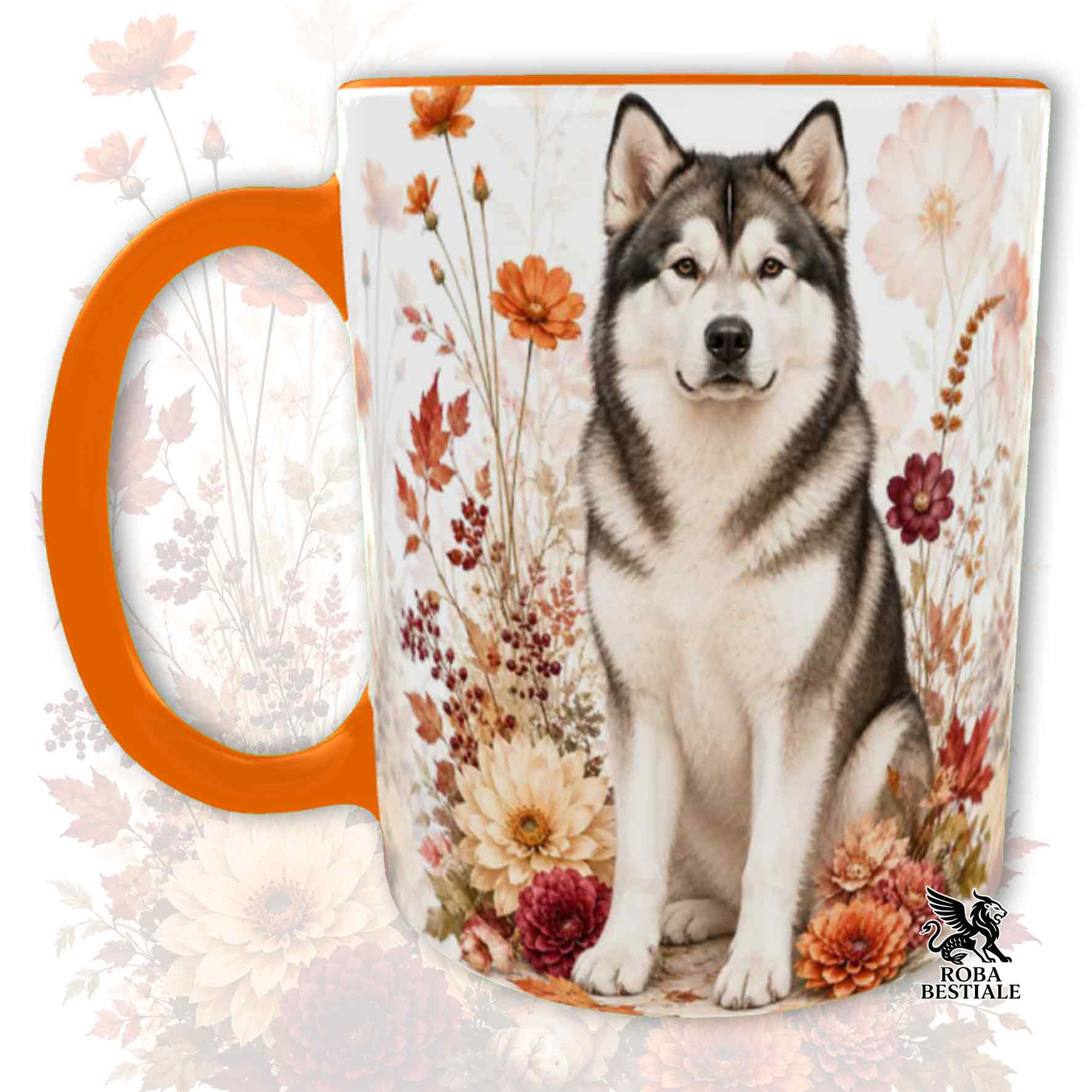 Tazza con la stampa di un Alaskan Malamute seduto in mezzo a fiori e foglie autunnali. Grafica originale Roba Bestiale, collezione Fall in Love