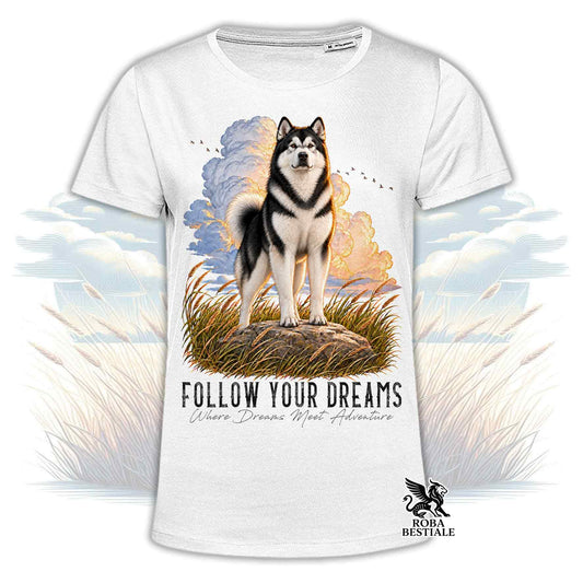 T-shirt bianca con stampa husky e logo “Roba Bestiale” sul basso