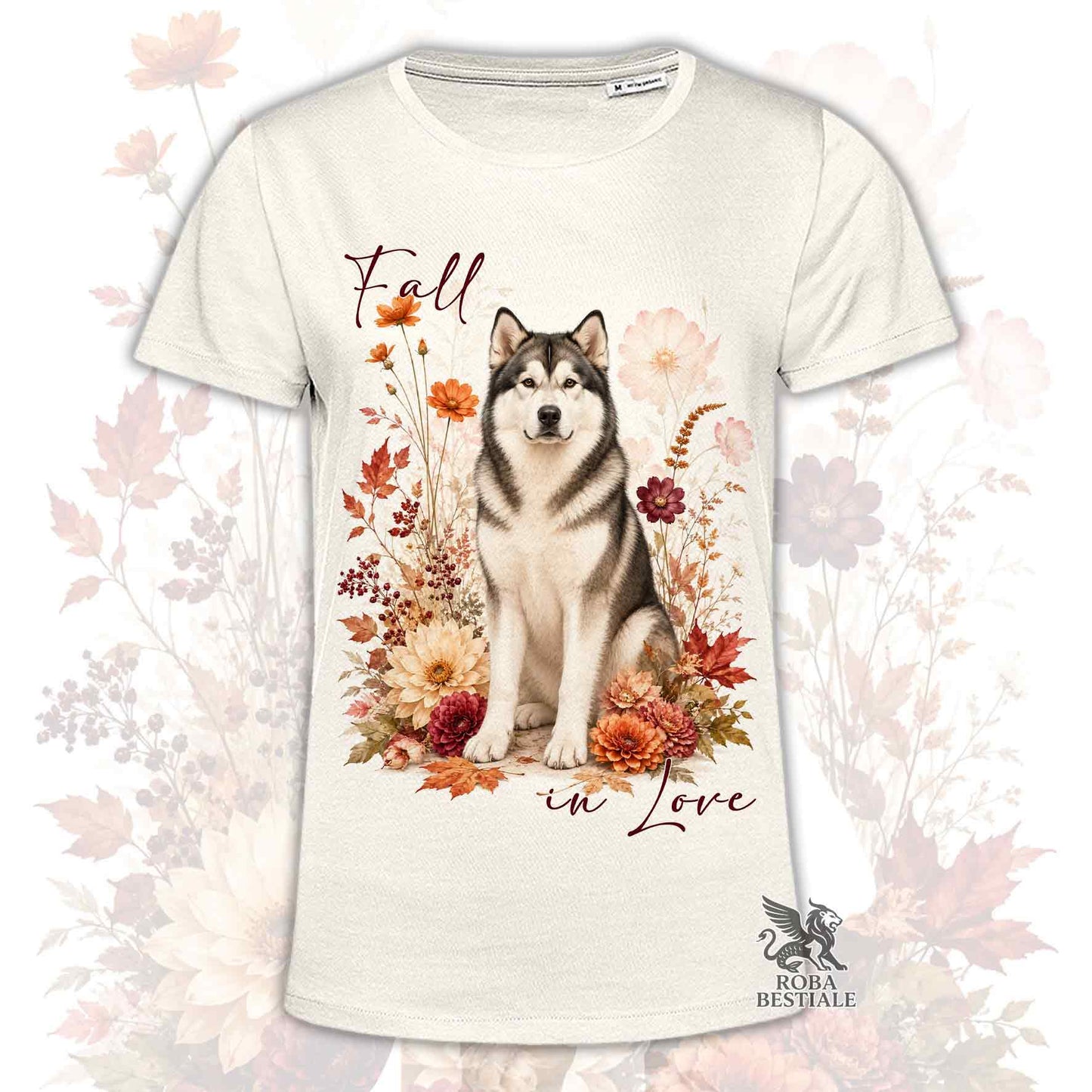 T-shirt beige stampata con un Alaskan Malamute seduto in mezzo a fiori e foglie autunnali. Grafica originale Roba Bestiale, collezione Fall
