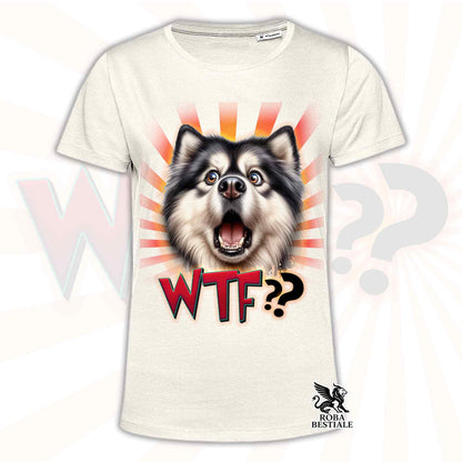 T-shirt beige stampata con un Alaskan Malamute con espressione sorpresa. Grafica originale Roba Bestiale, collezione WTF??