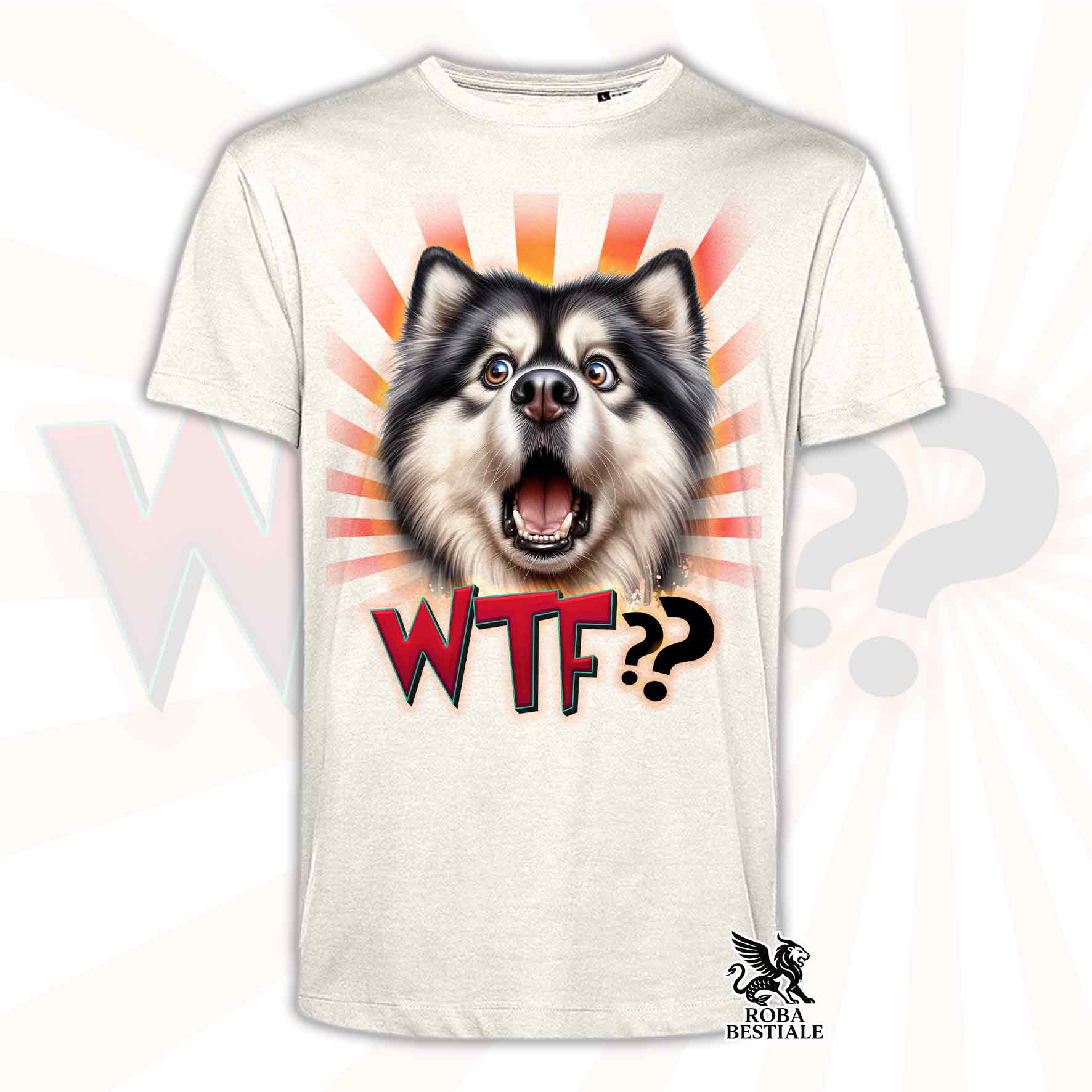 T-shirt beige stampata con un Alaskan Malamute con espressione sorpresa. Grafica originale Roba Bestiale, collezione WTF??
