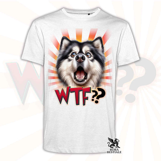 T-shirt bianca stampata con un Alaskan Malamute con espressione sorpresa. Grafica originale Roba Bestiale, collezione WTF??