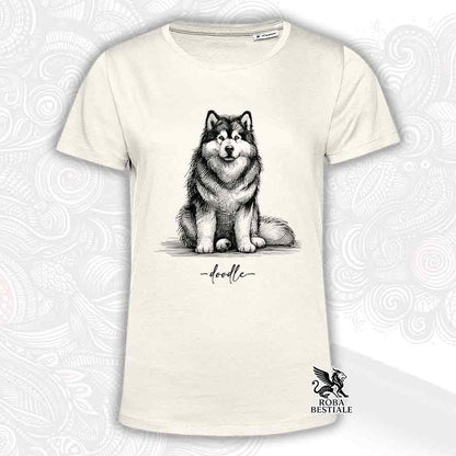 T-shirt beige stampata con un Alaskan Malamute, grafica Doodle