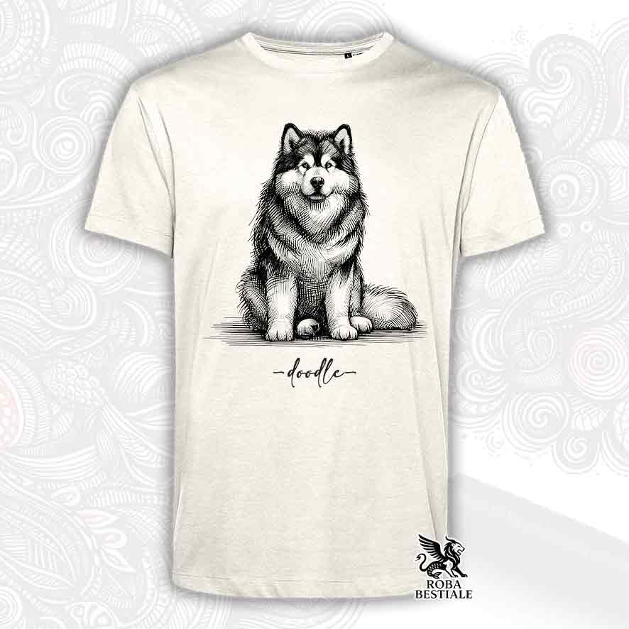 T-shirt beige stampata con un Alaskan Malamute, grafica Doodle