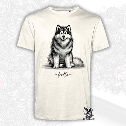 T-shirt beige stampata con un Alaskan Malamute, grafica Doodle