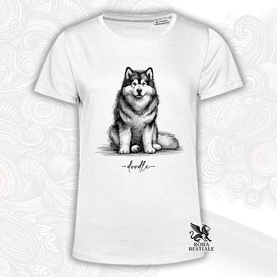 T-shirt bianca stampata con un Alaskan Malamute, grafica Doodle