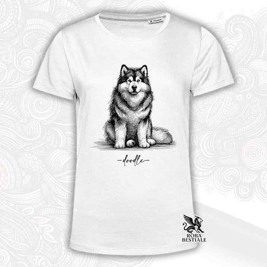 T-shirt bianca stampata con un Alaskan Malamute, grafica Doodle
