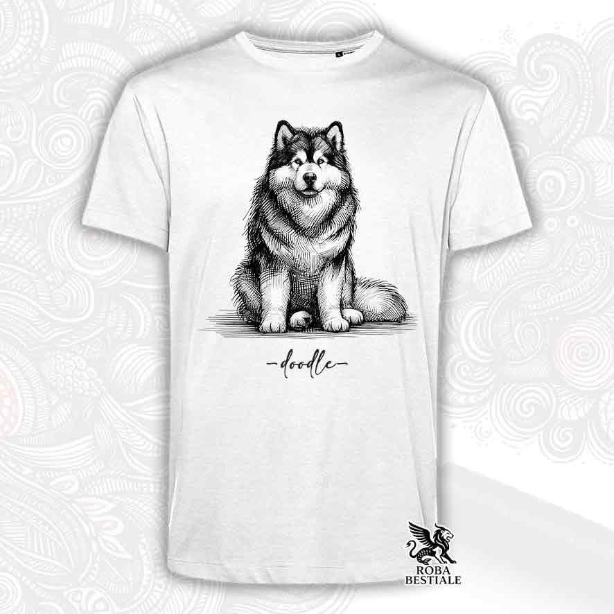 T-shirt bianca stampata con un Alaskan Malamute, grafica Doodle