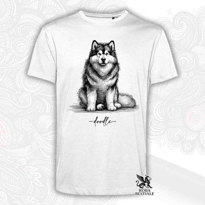 T-shirt bianca stampata con un Alaskan Malamute, grafica Doodle