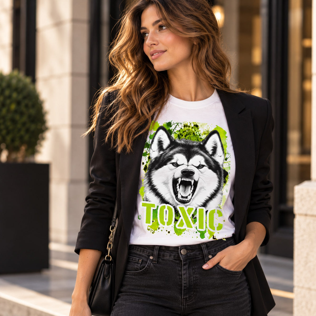 T-shirt bianca stampata con un Alaskan Malamute con espressione arrabbiata. Grafica originale Roba Bestiale, collezione Toxic