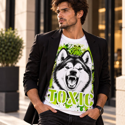 T-shirt bianca stampata con un Alaskan Malamute con espressione arrabbiata. Grafica originale Roba Bestiale, collezione Toxic