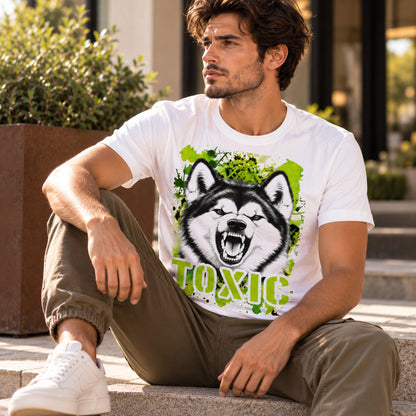 T-shirt bianca stampata con un Alaskan Malamute con espressione arrabbiata. Grafica originale Roba Bestiale, collezione Toxic
