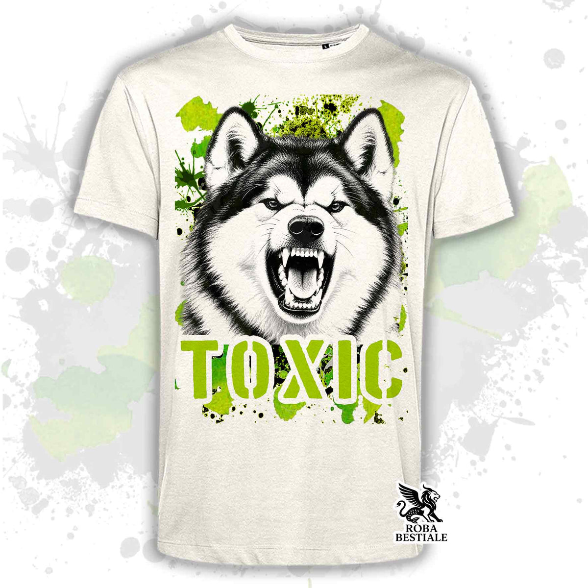 T-shirt beige stampata con un Alaskan Malamute con espressione arrabbiata. Grafica originale Roba Bestiale, collezione Toxic