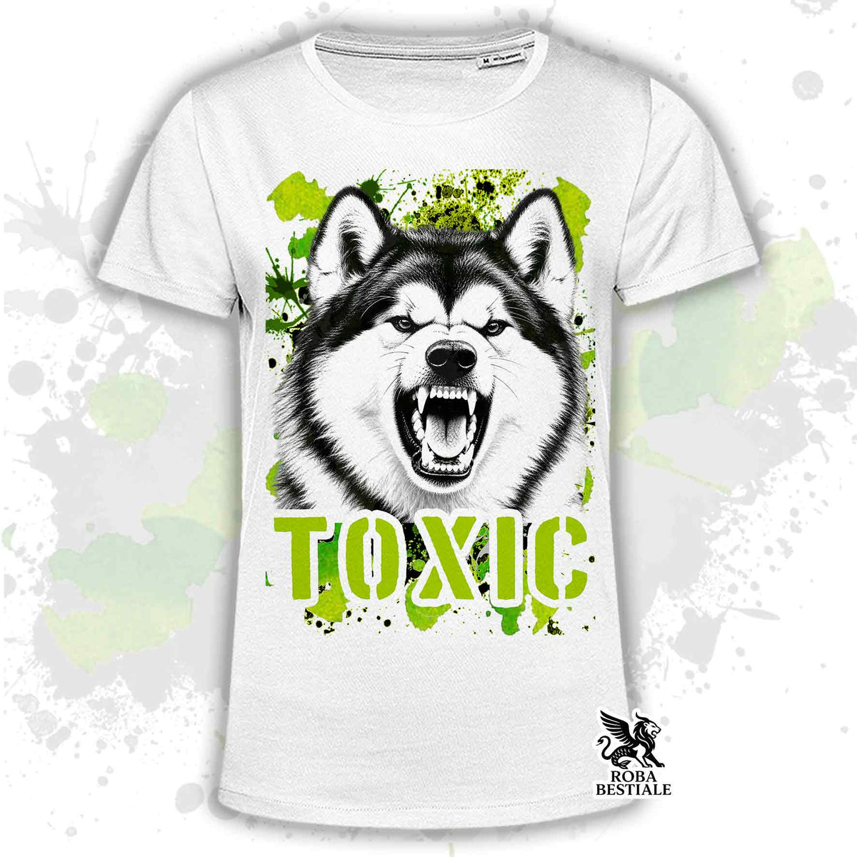 T-shirt bianca stampata con un Alaskan Malamute con espressione arrabbiata. Grafica originale Roba Bestiale, collezione Toxic