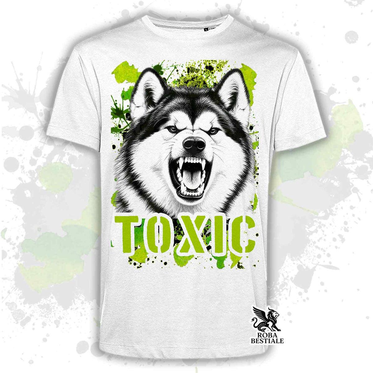 T-shirt bianca stampata con un Alaskan Malamute con espressione arrabbiata. Grafica originale Roba Bestiale, collezione Toxic