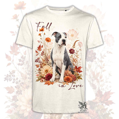 T-shirt beige stampata con un American Staffordshire Terrier seduto in mezzo a fiori e foglie autunnali. Grafica originale Roba Bestiale, collezione Fall