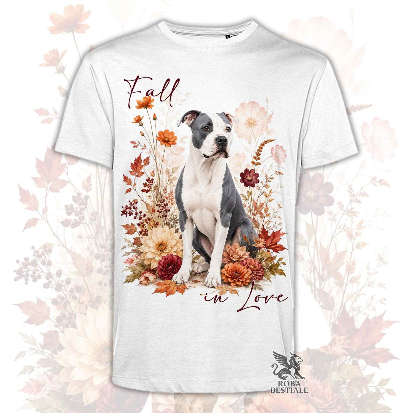 T-shirt bianca stampata con un American Staffordshire Terrier seduto in mezzo a fiori e foglie autunnali. Grafica originale Roba Bestiale, collezione Fall