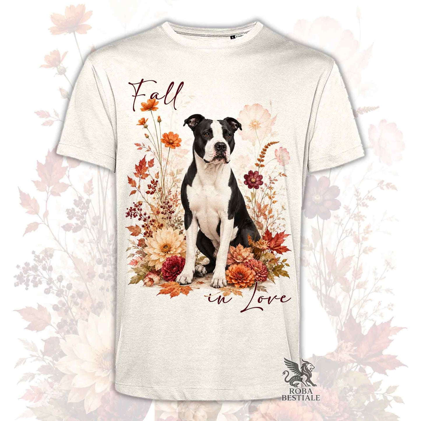 T-shirt beige stampata con un American Staffordshire Terrier seduto in mezzo a fiori e foglie autunnali. Grafica originale Roba Bestiale, collezione Fall