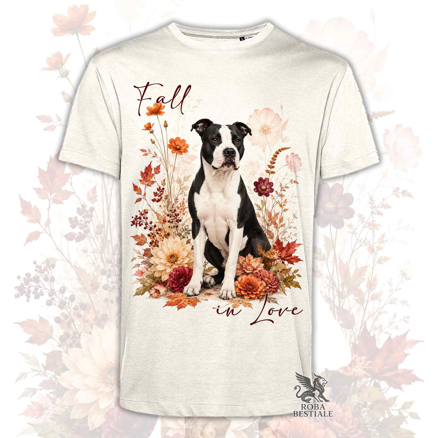 T-shirt beige stampata con un American Staffordshire Terrier seduto in mezzo a fiori e foglie autunnali. Grafica originale Roba Bestiale, collezione Fall