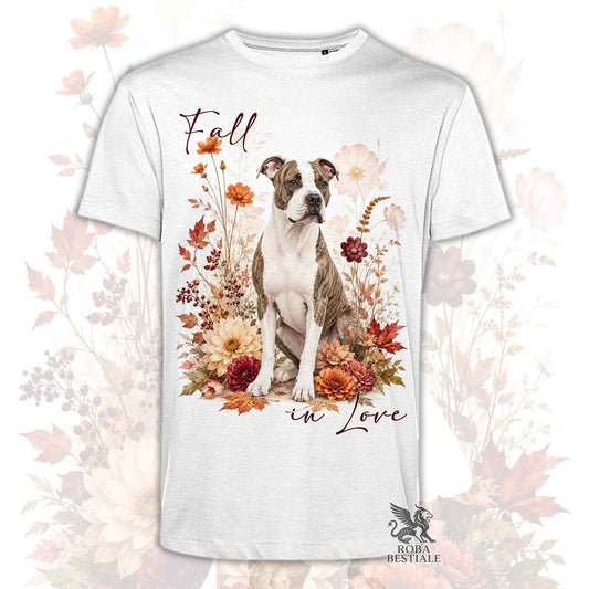 T-shirt bianca stampata con un American Staffordshire Terrier seduto in mezzo a fiori e foglie autunnali. Grafica originale Roba Bestiale, collezione Fall