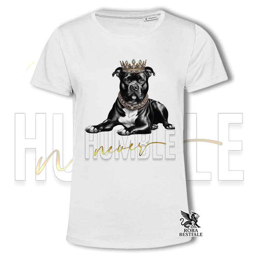 T-shirt bianca stampata con un American Staffordshire Terrier, grafica Never Humble