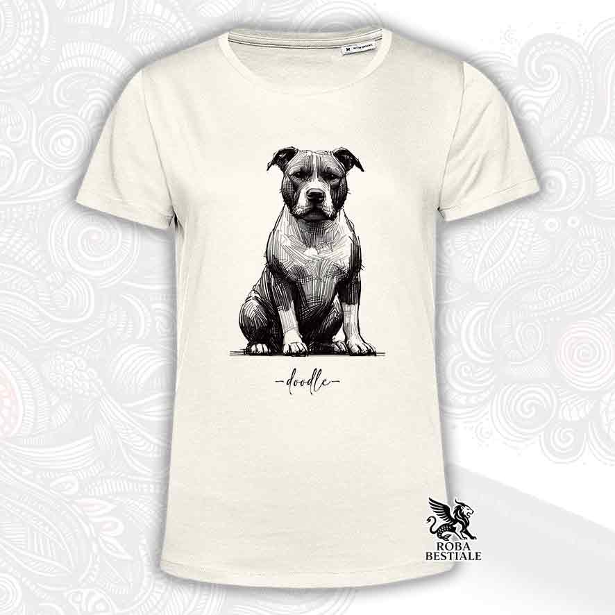 T-shirt beige stampata con un American Staffordshire Terrier, grafica Doodle
