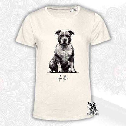 T-shirt beige stampata con un American Staffordshire Terrier, grafica Doodle