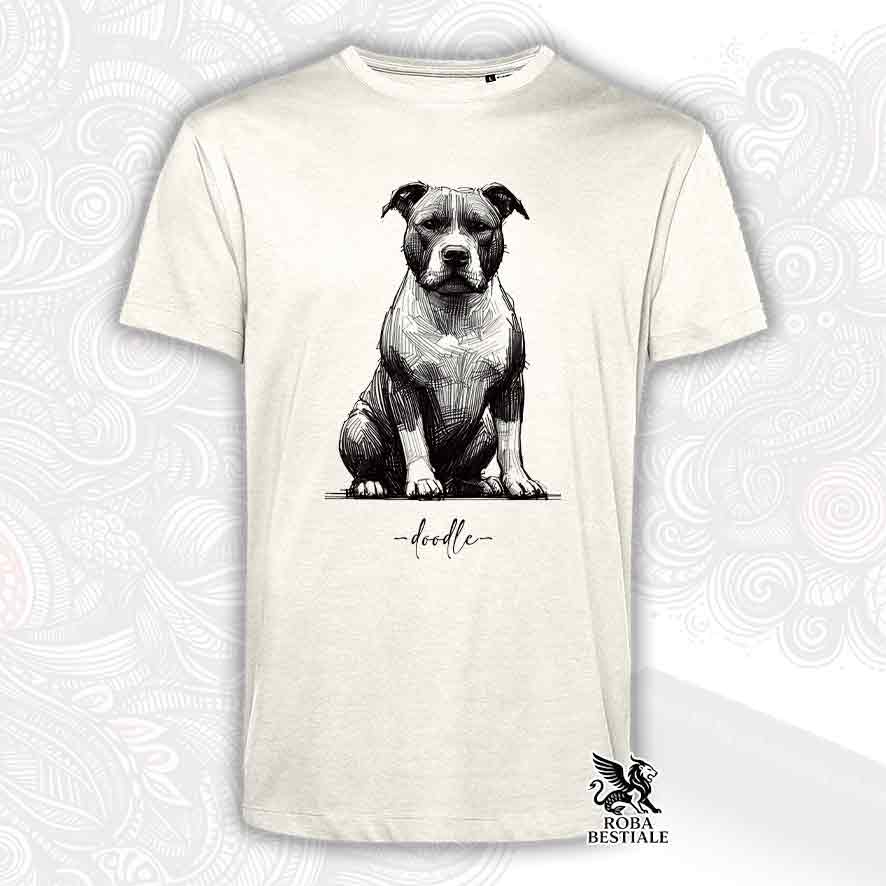 T-shirt beige stampata con un American Staffordshire Terrier, grafica Doodle