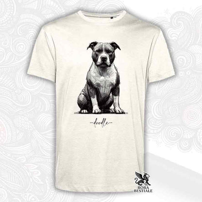 T-shirt beige stampata con un American Staffordshire Terrier, grafica Doodle