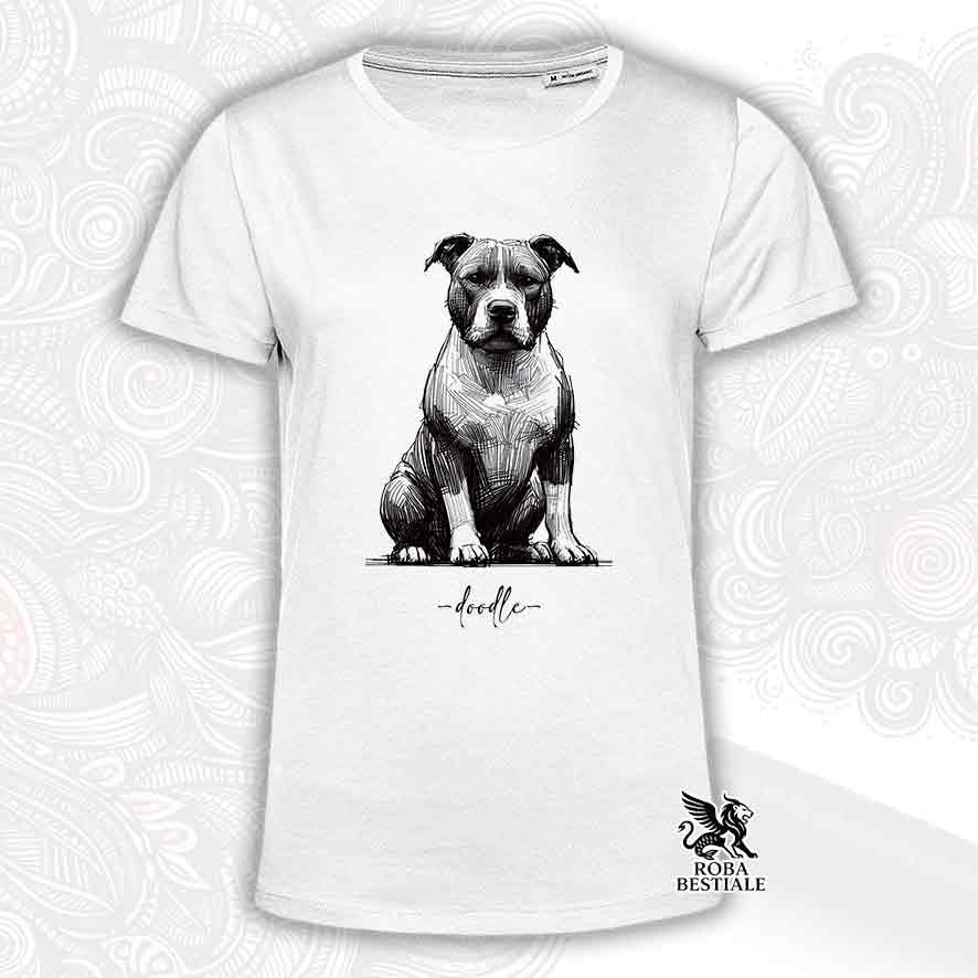 T-shirt bianca stampata con un American Staffordshire Terrier, grafica Doodle