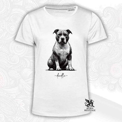 T-shirt bianca stampata con un American Staffordshire Terrier, grafica Doodle