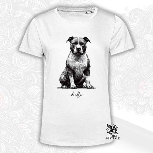 T-shirt bianca stampata con un American Staffordshire Terrier, grafica Doodle