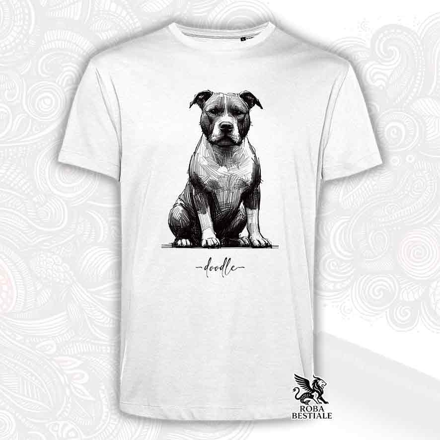 T-shirt bianca stampata con un American Staffordshire Terrier, grafica Doodle
