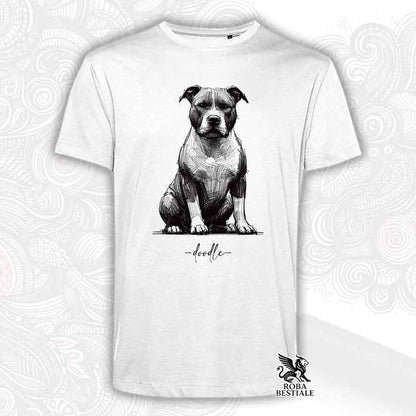 T-shirt bianca stampata con un American Staffordshire Terrier, grafica Doodle