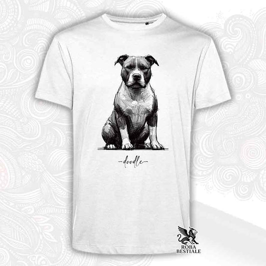 T-shirt bianca stampata con un American Staffordshire Terrier, grafica Doodle